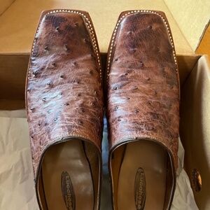 Lucchese 2000 Soft Brw Ostrich Leather Western Slip On Clog Mules